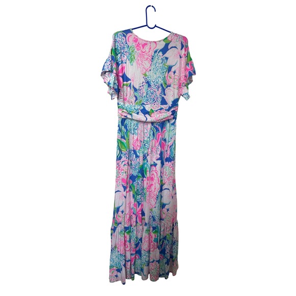 Lilly Pulitzer Maxi Dress Floral Print Blue Pink V Neck Sleeve Resort Size L - Picture 2 of 6